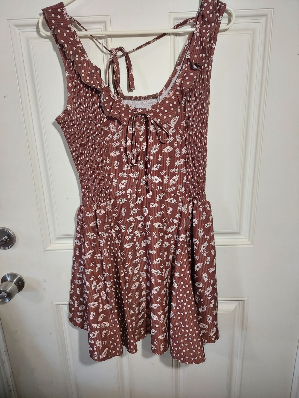 Chocolate Brown Floral Mixed Print Smocked Mini Dress Boho Cottagecore Size Lg